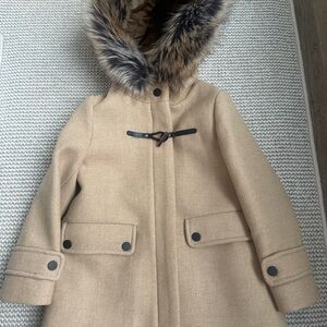 Zara Kids Beige Pea Coat with Faux Fur Hood